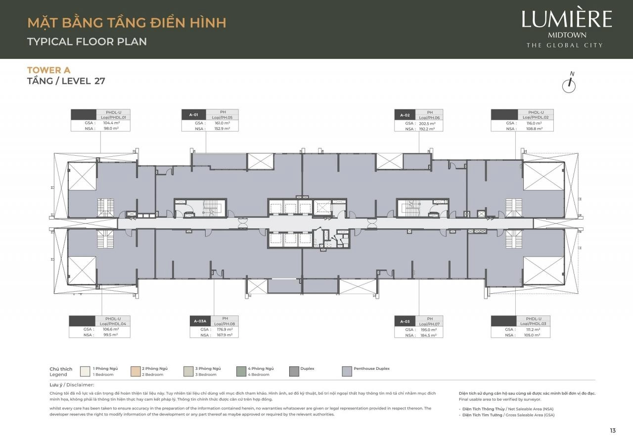 Mặt bằng căn hộ Penthouse, Penthosue Duplex Lumiere Midtown tầng 27