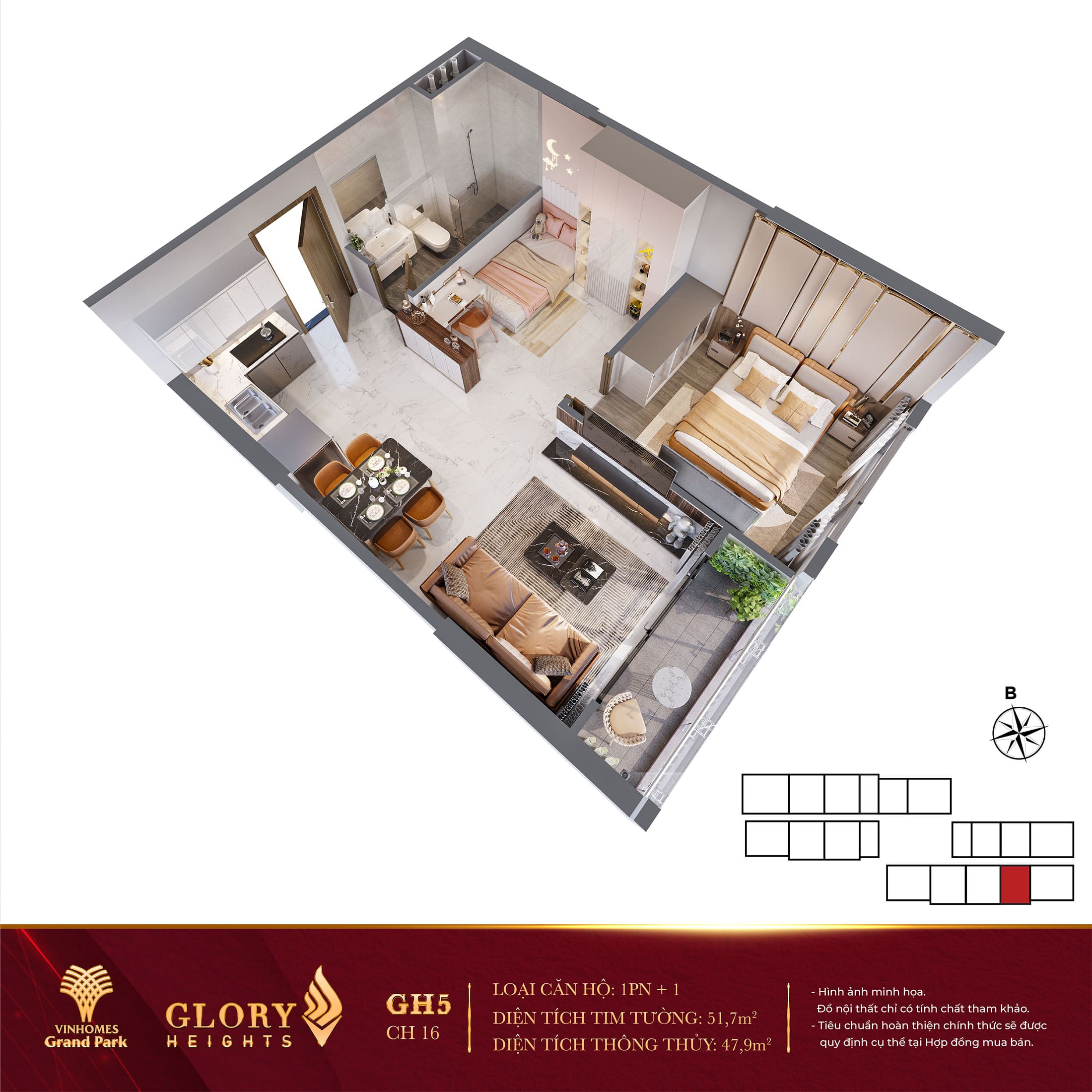 Layout thiết kế căn hộ 1 Phòng Ngủ Glory Heights Vinhomes Grand Park.