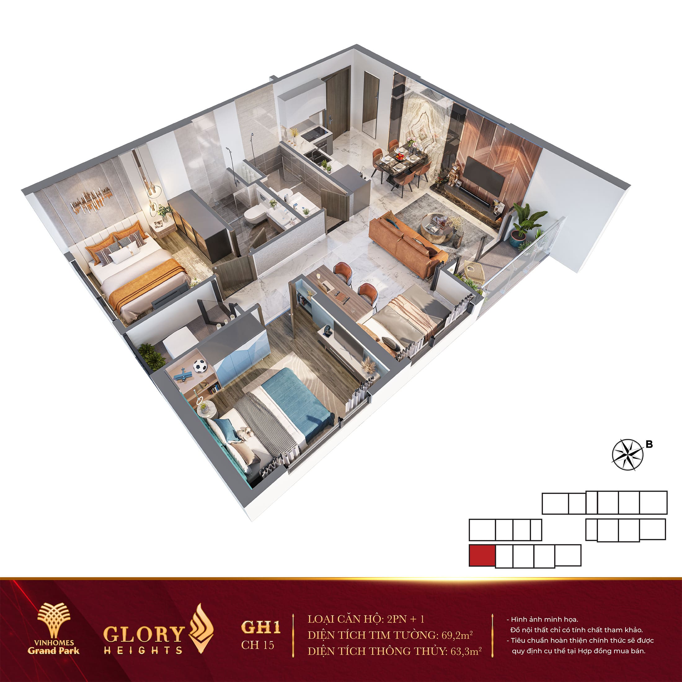 Layout thiết kế căn hộ 2 Phòng Ngủ Glory Heights Vinhomes Grand Park.
