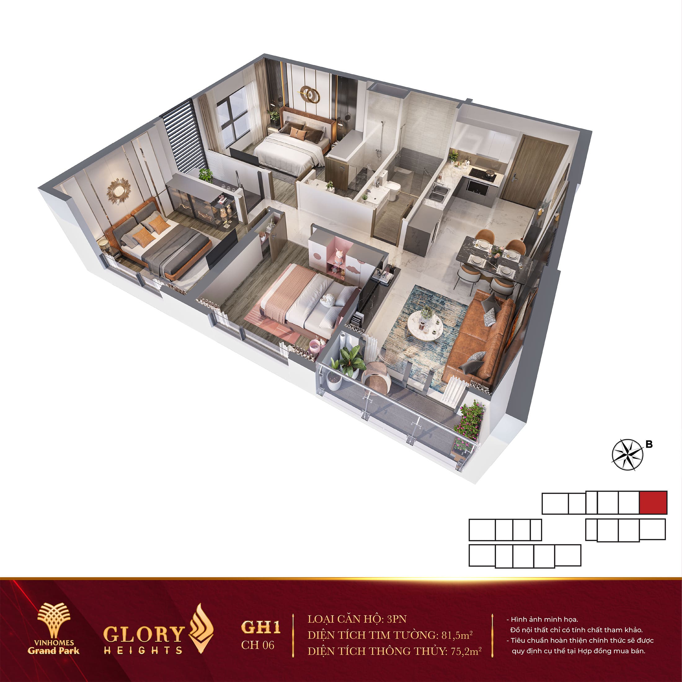 Layout thiết kế căn hộ 3 Phòng Ngủ Glory Heights Vinhomes Grand Park.