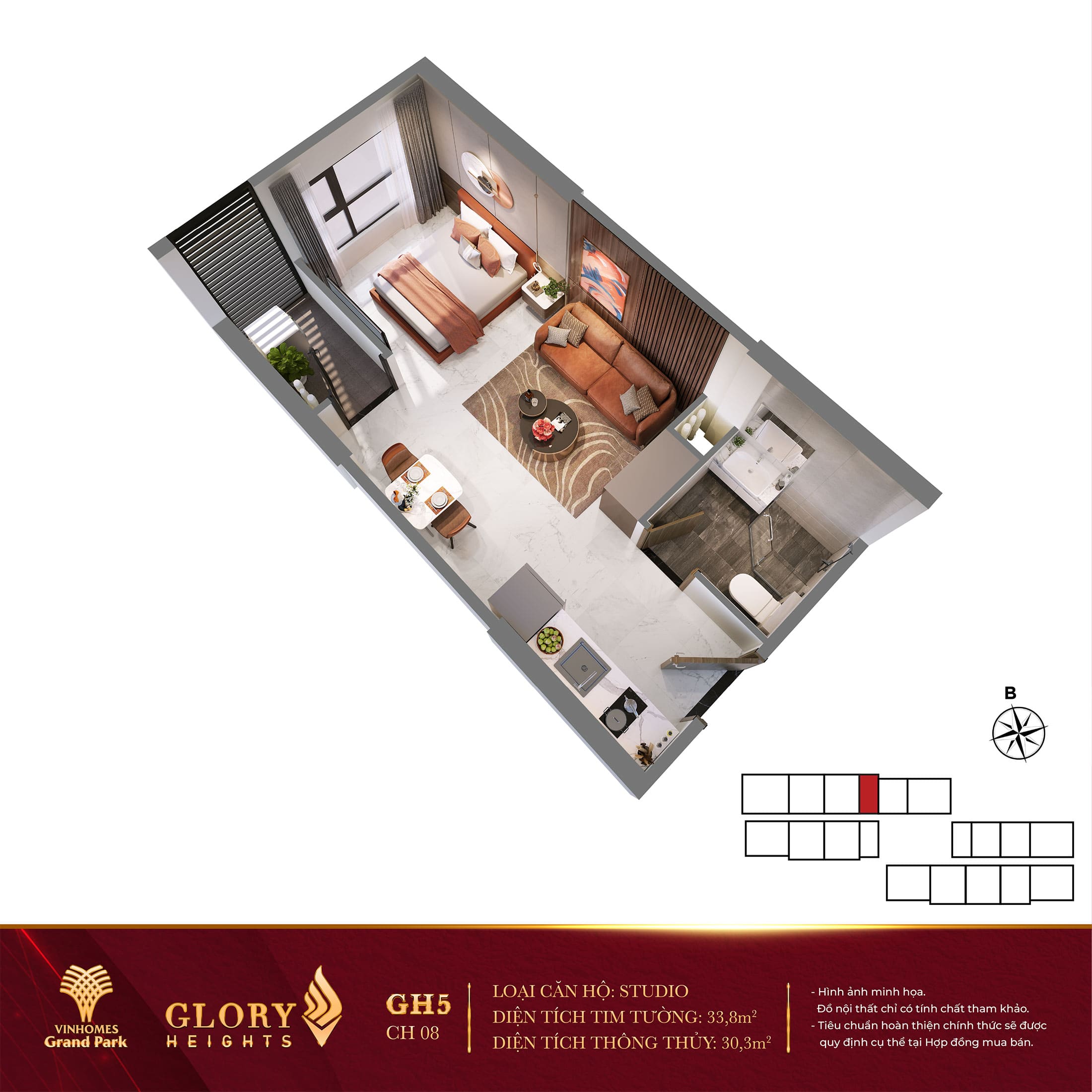 Layout thiết kế căn hộ Studio Glory Heights Vinhomes Grand Park.