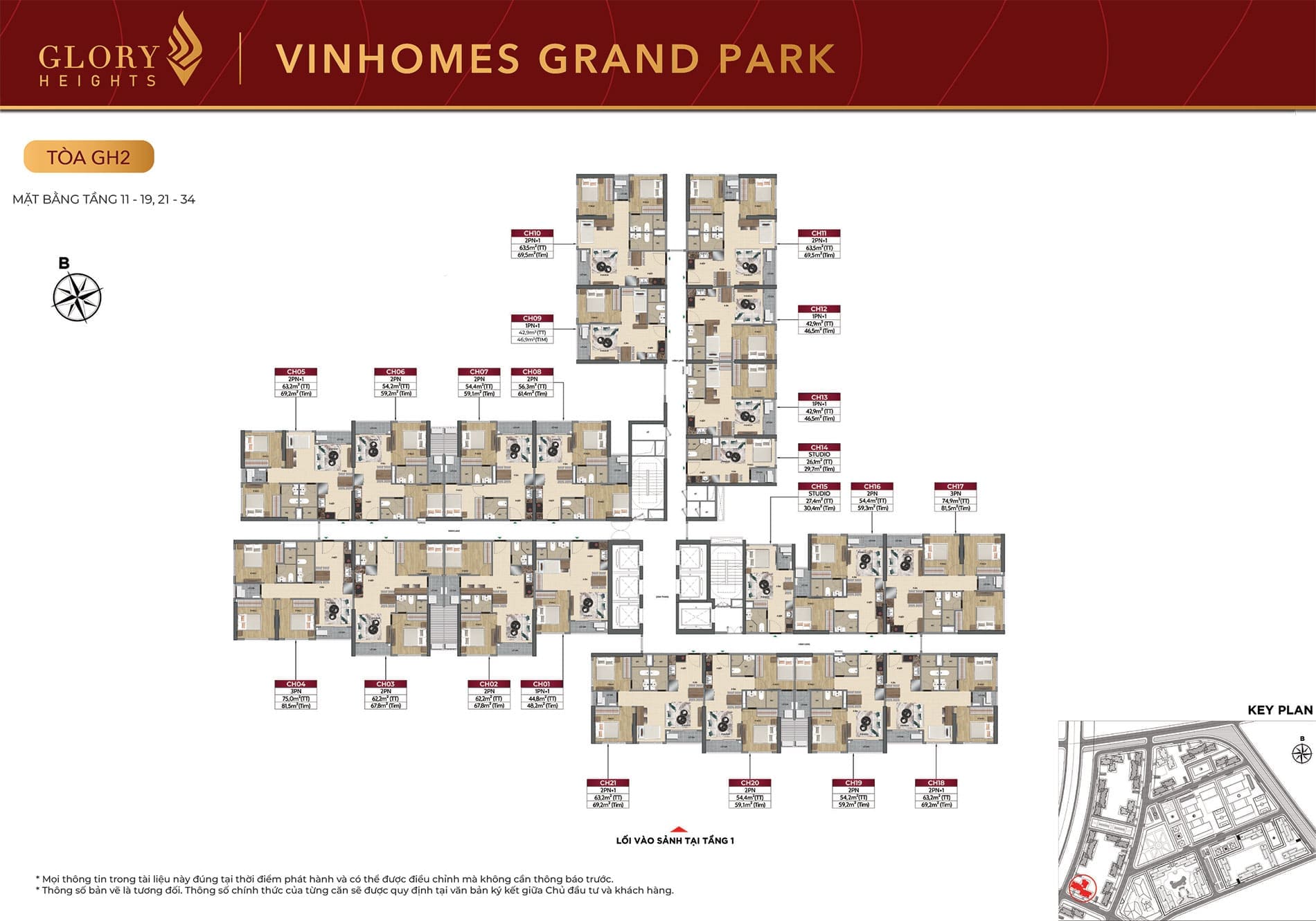 Mặt bằng Tầng 11 đến Tầng 19 và Tầng 21 đến Tầng 34 Tòa căn hộ GH2 phân khu Glory Heights Vinhomes Grand Park.