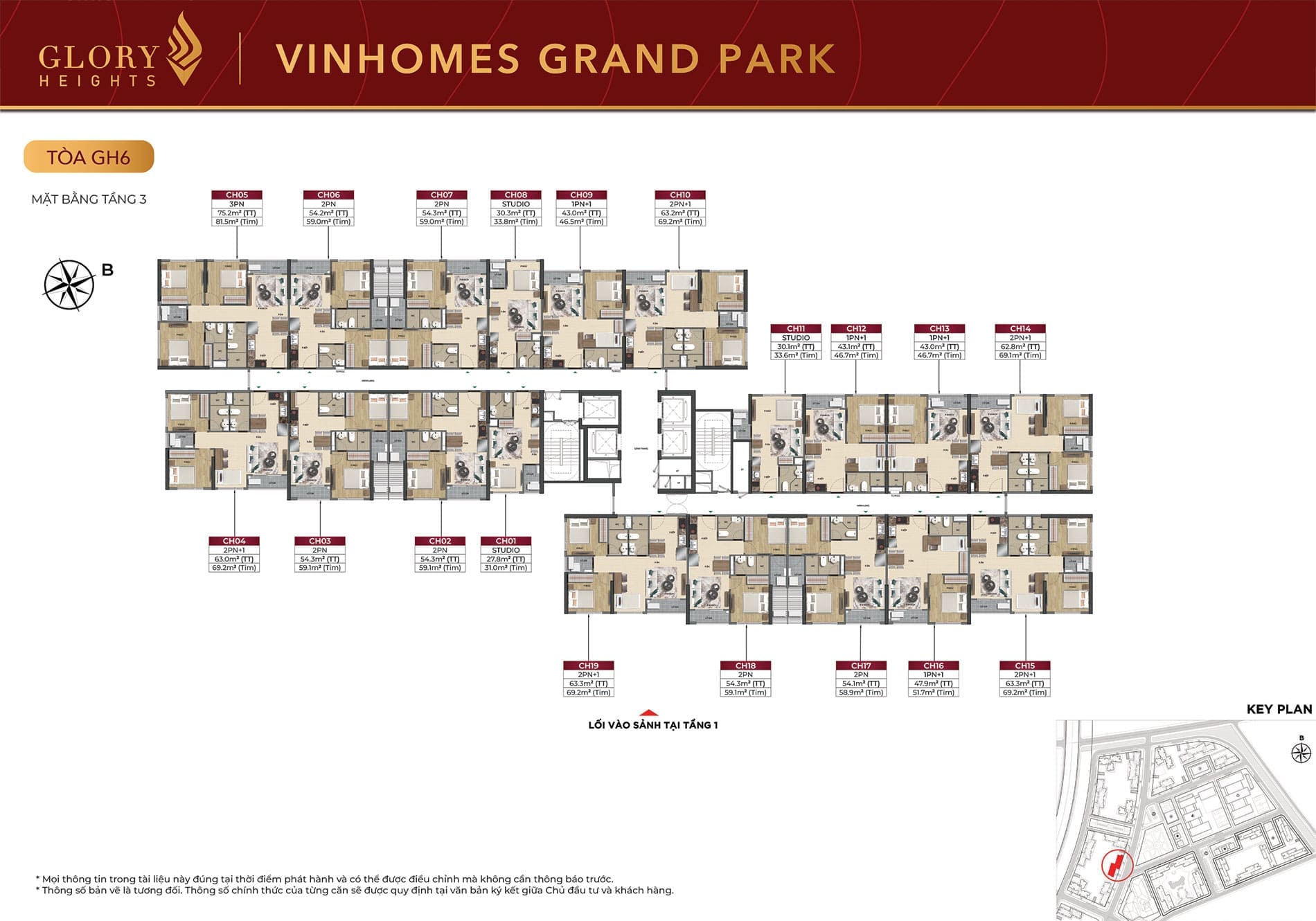 Mặt bằng Tầng 3 Tòa căn hộ GH6 phân khu Glory Heights Vinhomes Grand Park.