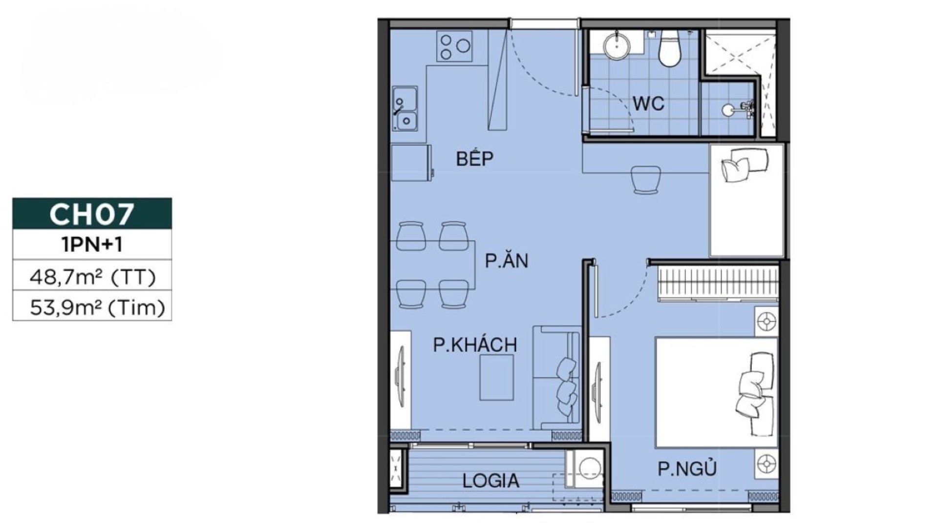Layout thiết kế căn hộ 1PN+1 the beverly