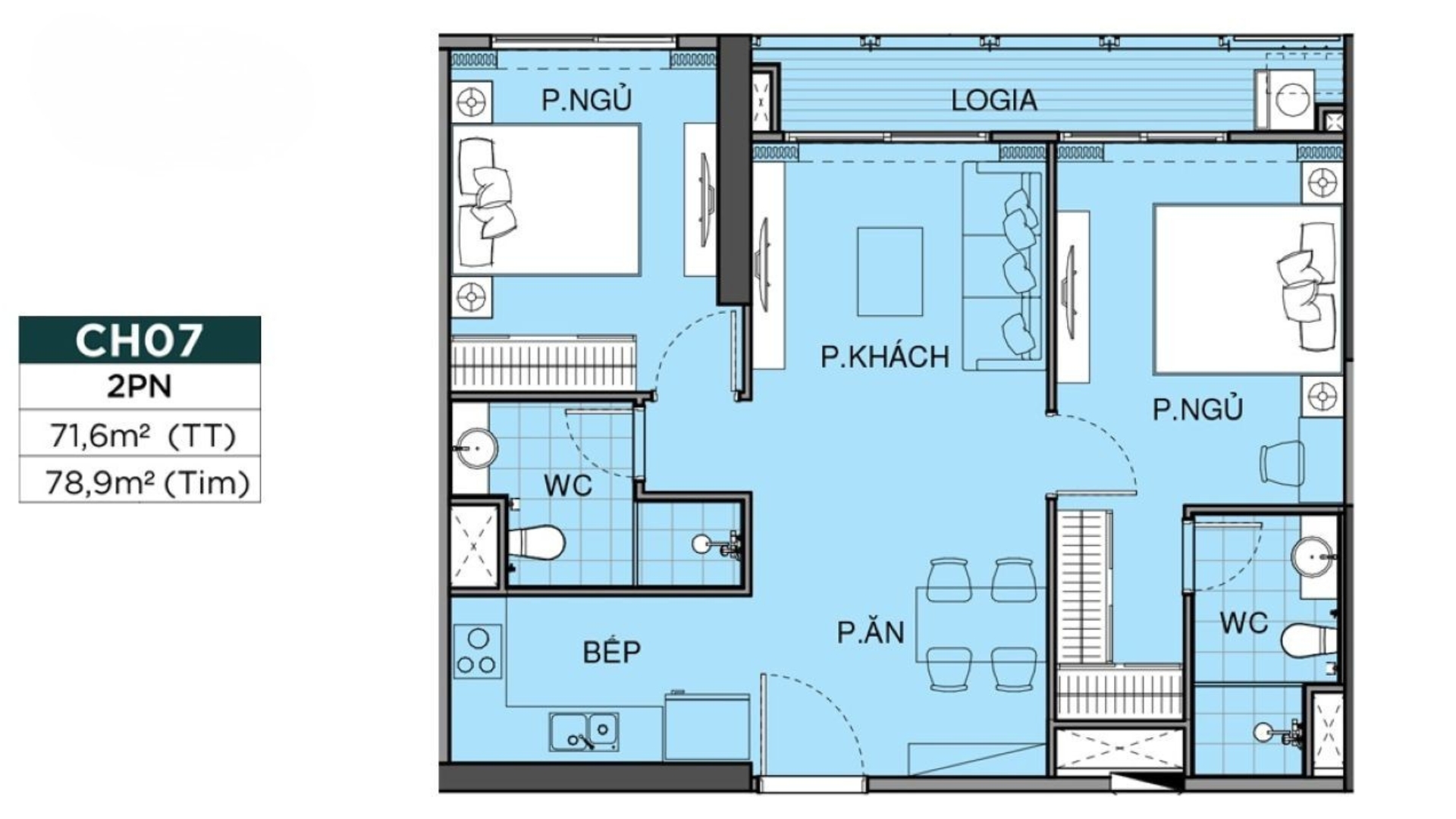 Layout thiết kế căn hộ 2PN the beverly
