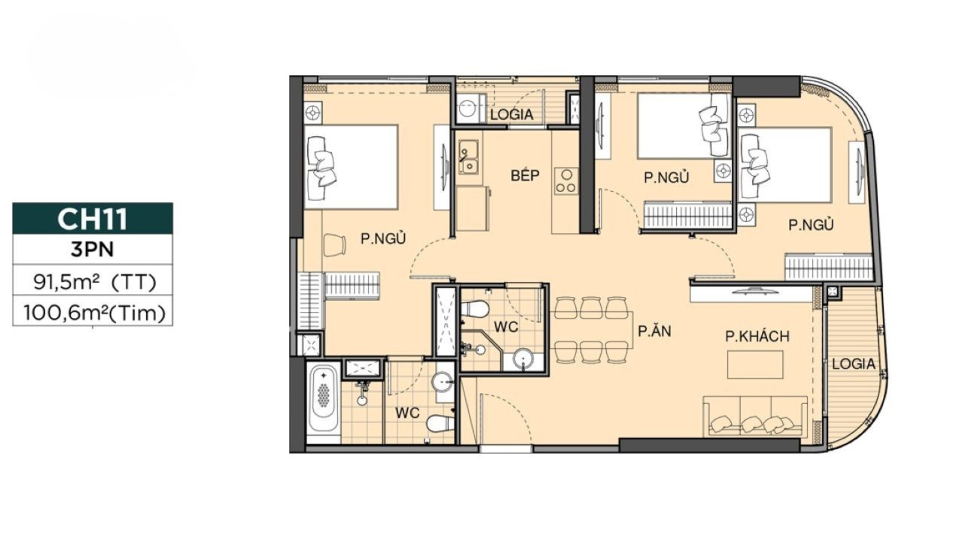 Layout thiết kế căn hộ 3PN the beverly