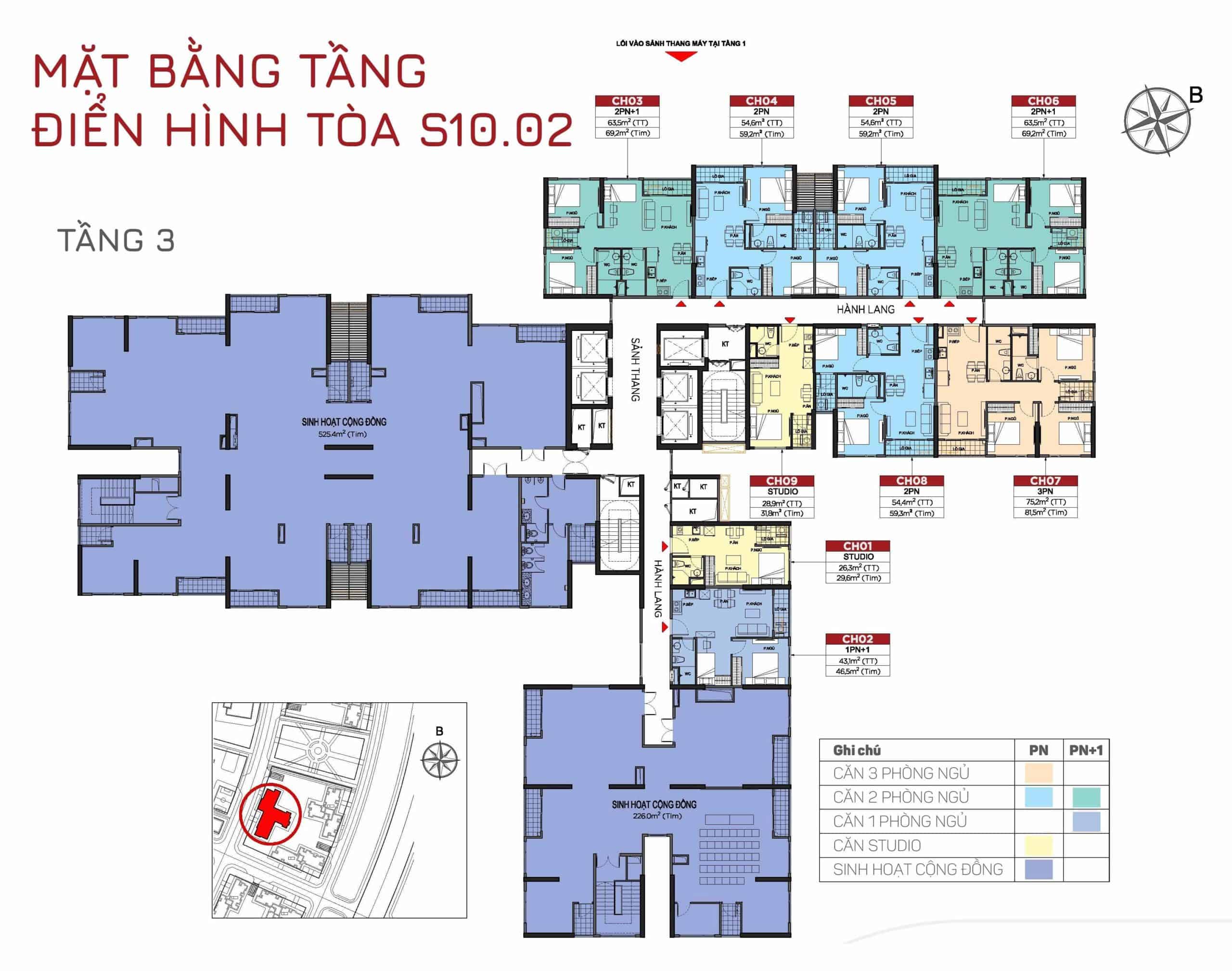 Mặt bằng tòa S10.02 Phân Khu The Origami tầng 3