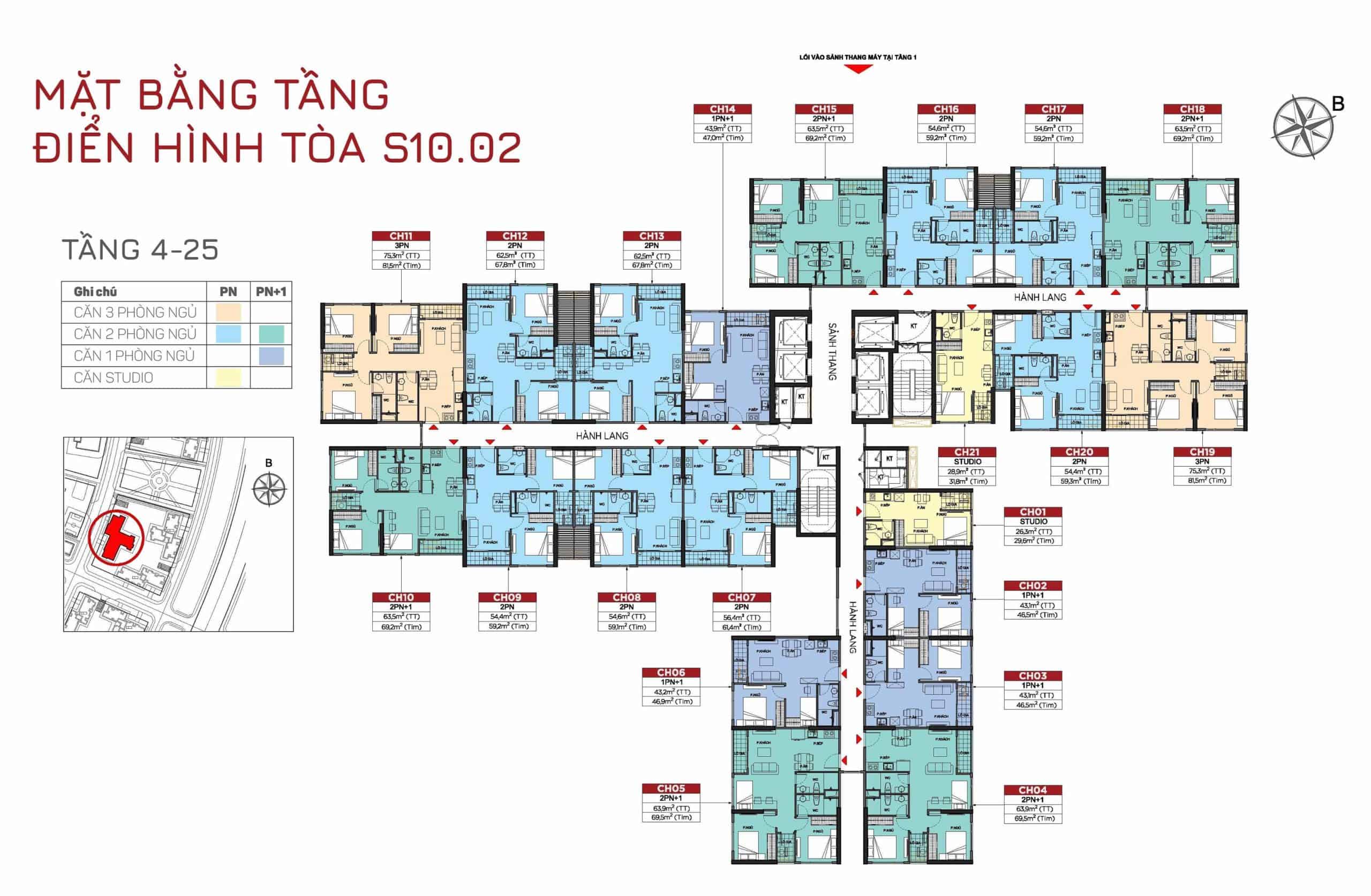 Mặt bằng tòa S10.02 Phân Khu The Origami tầng 4-25