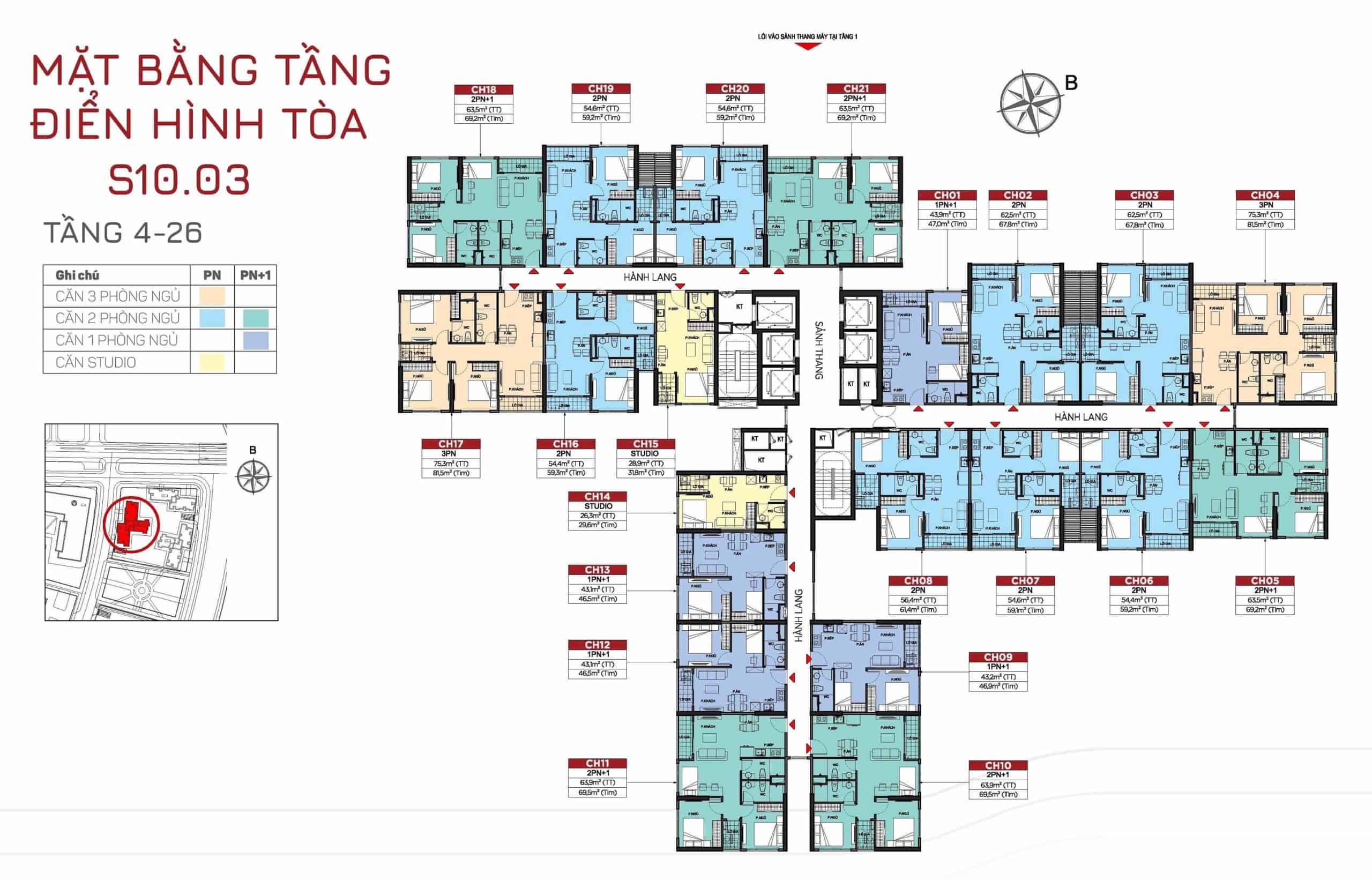 Mặt bằng tòa S10.03 Phân Khu The Origami tầng 4-26