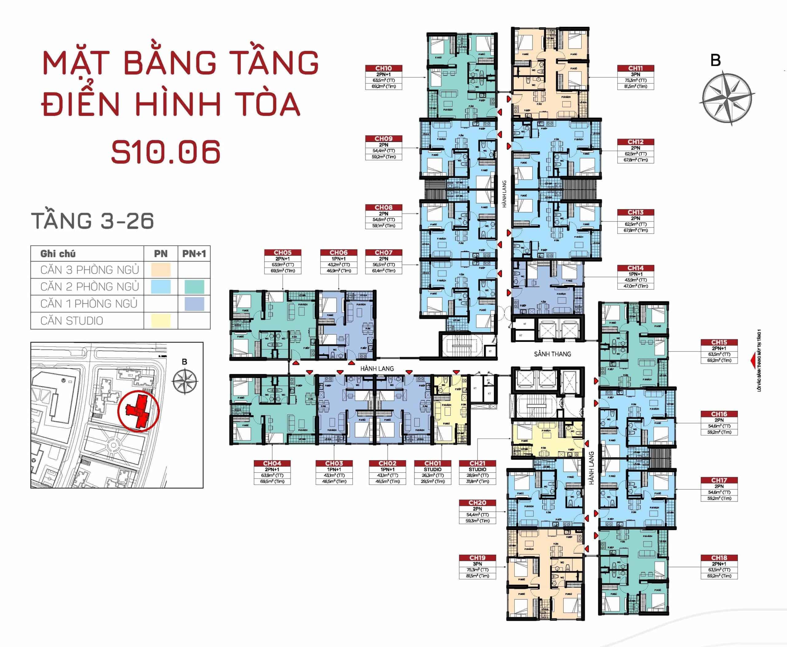 Mặt bằng tòa S10.06 Phân Khu The Origami tầng 3-26