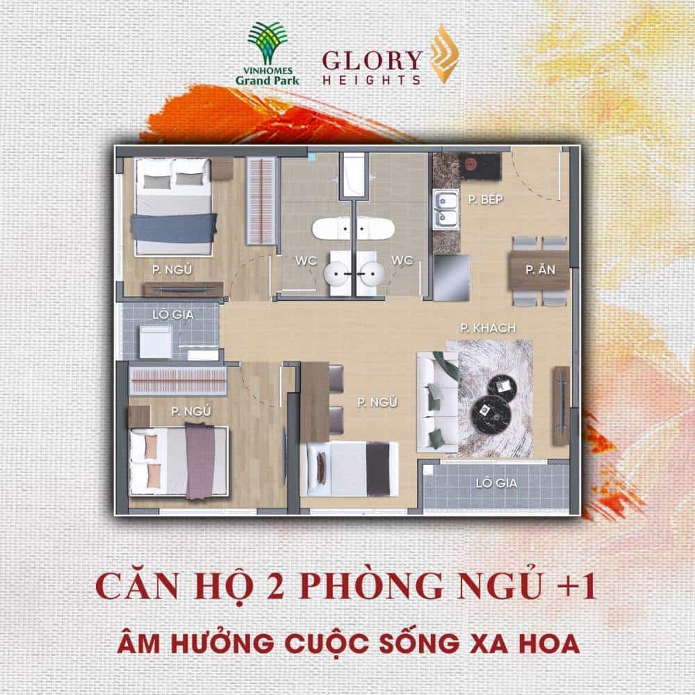 căn hộ 2PN + 1 glory height vinhomes grand park