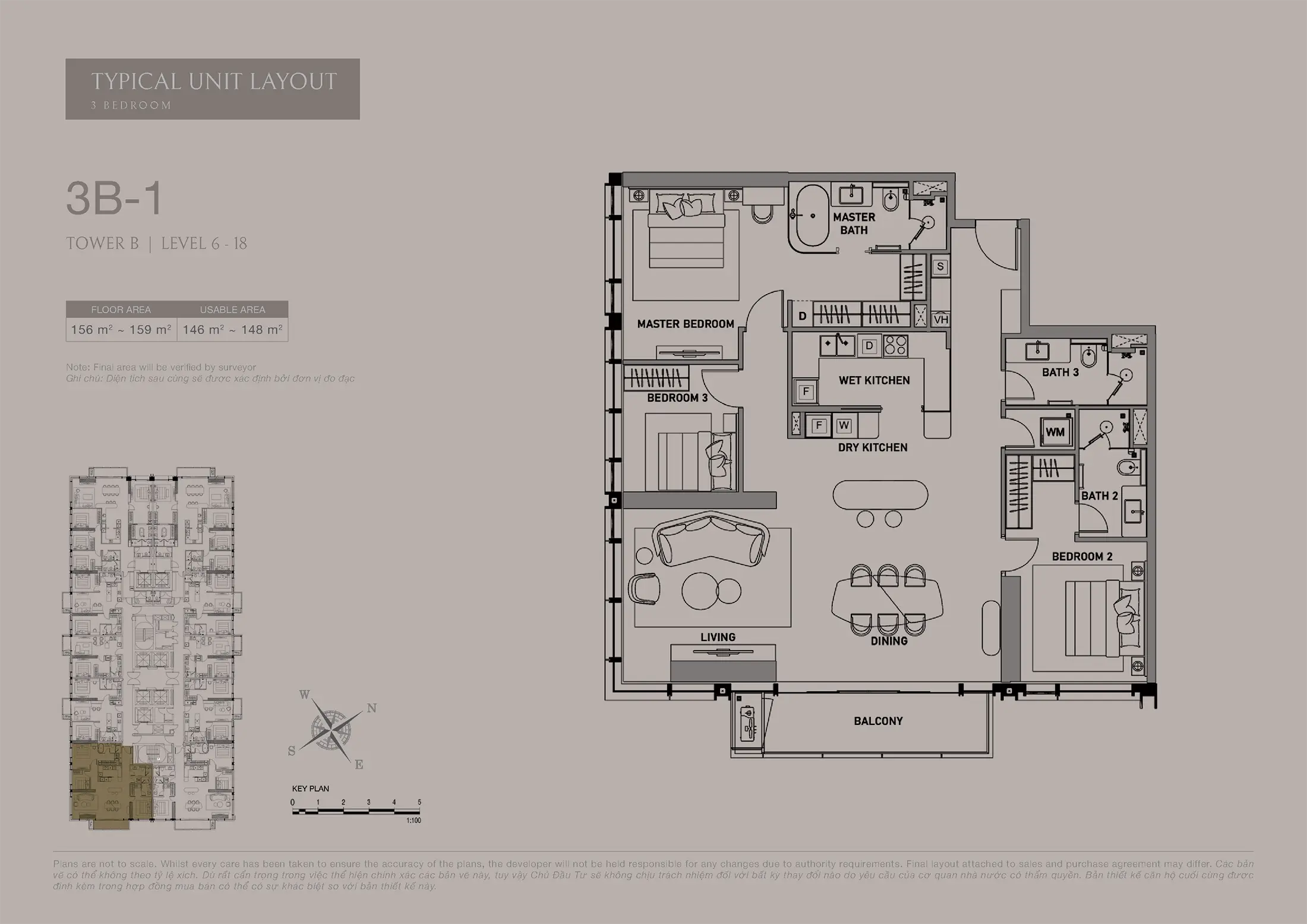 Layout thiết kế căn hộ 3 phòng ngủ The opusk Residence