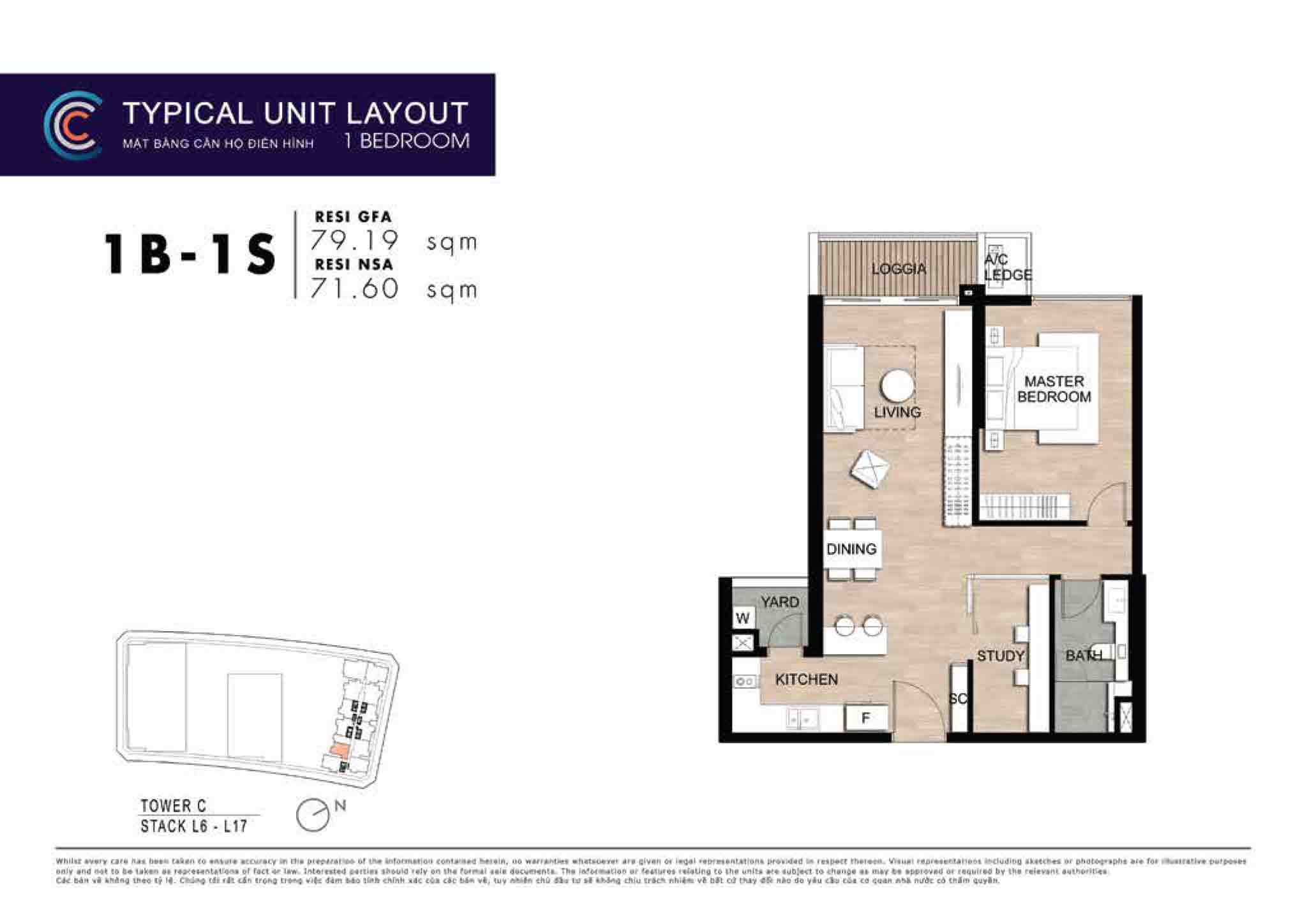 Layout căn hộ 1 phòng ngủ The Crest Residence