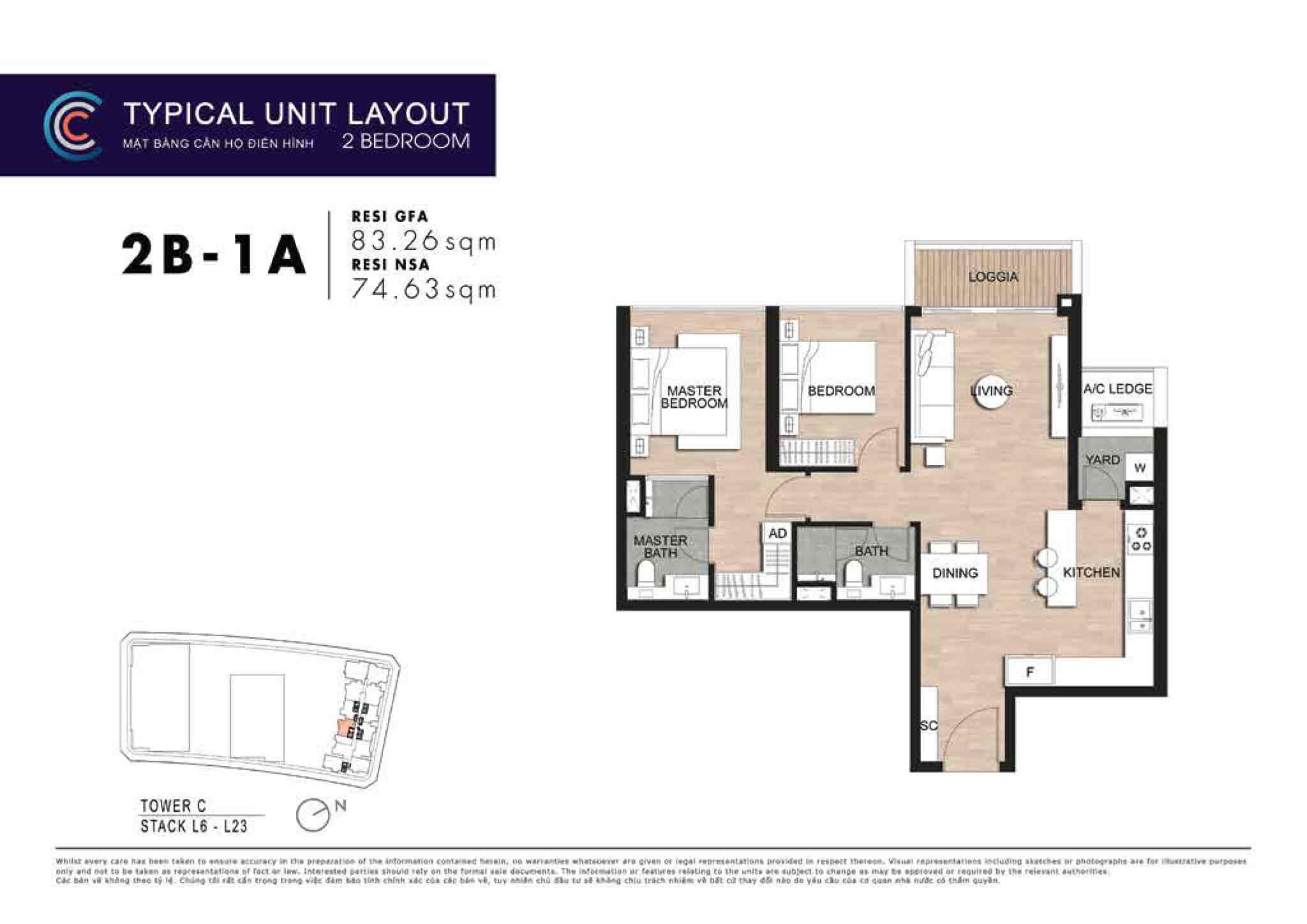 Layout căn hộ 2 phòng ngủ The Crest Residence