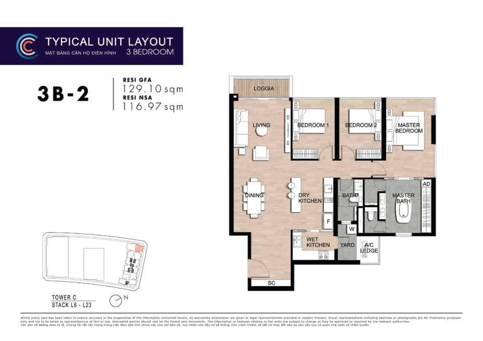 Layout căn hộ 3 phòng ngủ The Crest Residence